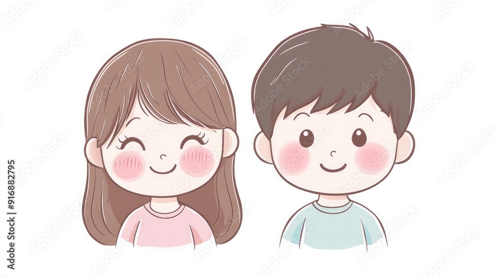Kawaii little girl and boy with rosy cheeks, anime-style vector illustration, flat colors on white background Kawaii little girl and boy with rosy cheeks, anime-style vector illustration, flat colors on white background
