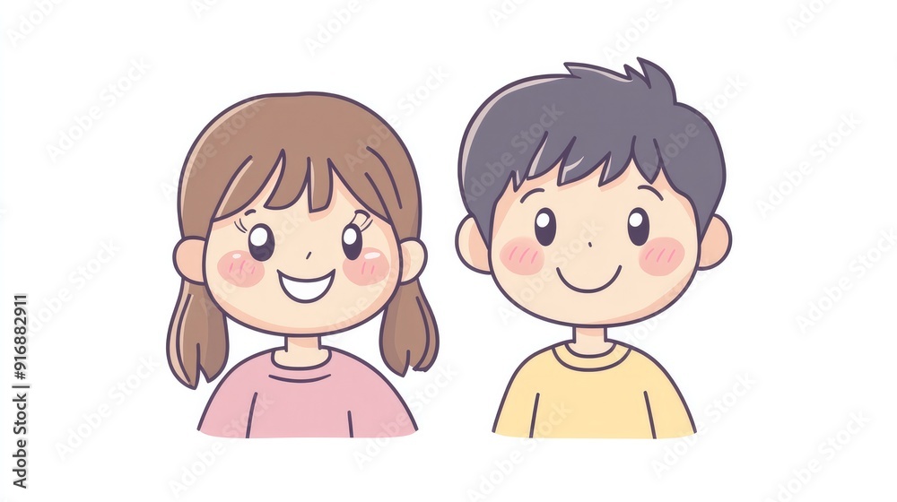 Little kawaii girl and boy with big smiles, anime-style flat color vector illustration, isolated on white Little kawaii girl and boy with big smiles, anime-style flat color vector illustration, isolated on white