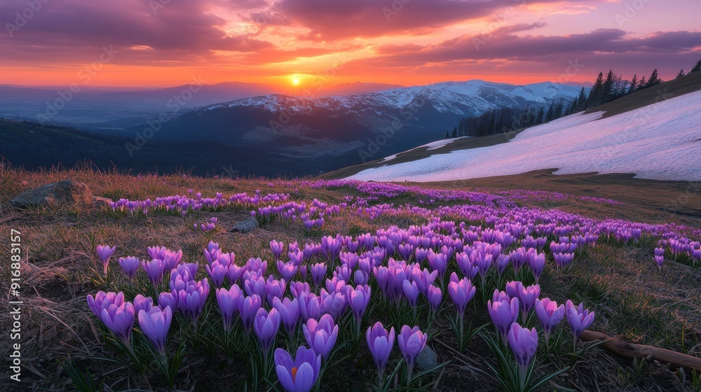 Fototapeta premium Purple Crocuses Bloom on a Mountainside at Sunset