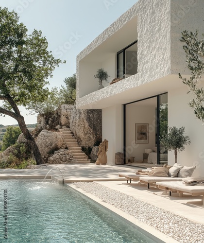 Modern villa with a pool and rocky landscape in a serene outdoor setting during the day