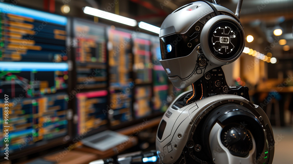 Futuristic Robot in a Data Center Futuristic Robot in a Data Center