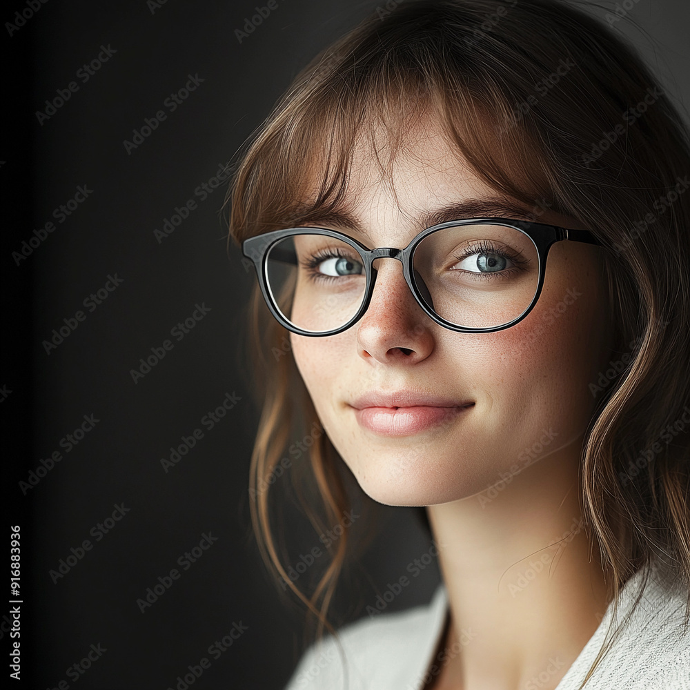 Fototapeta premium Close-up of a smiling young woman with round glasses against a dark background, portrait