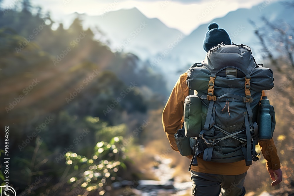 Hiker on a mountain trail at dawn Hiker on a mountain trail at dawn