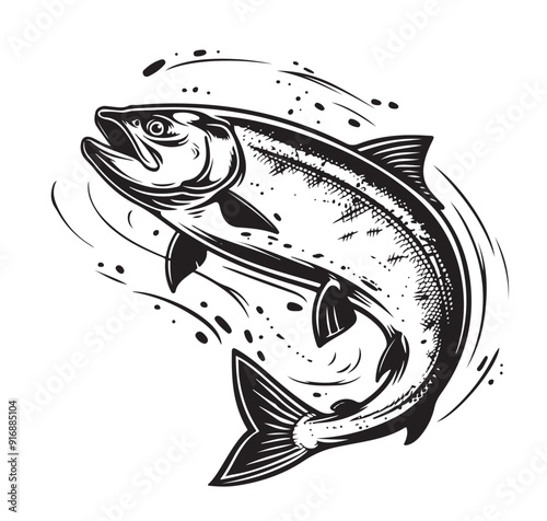 Jumping Salmon fish. Hand drawn illustration.