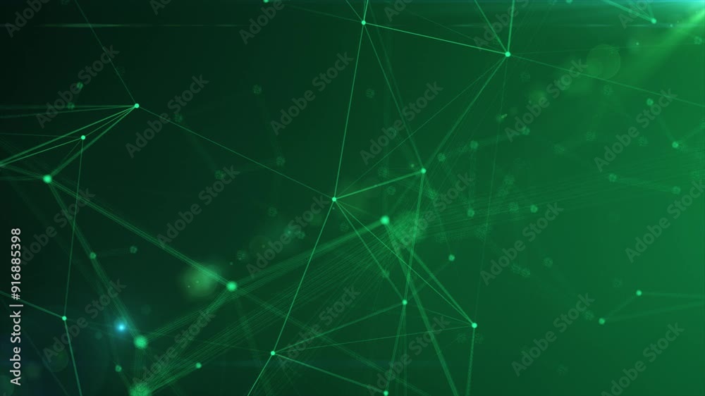 Green geometric plexus background, abstract network of glowing lines and dots, high tech background in green color.