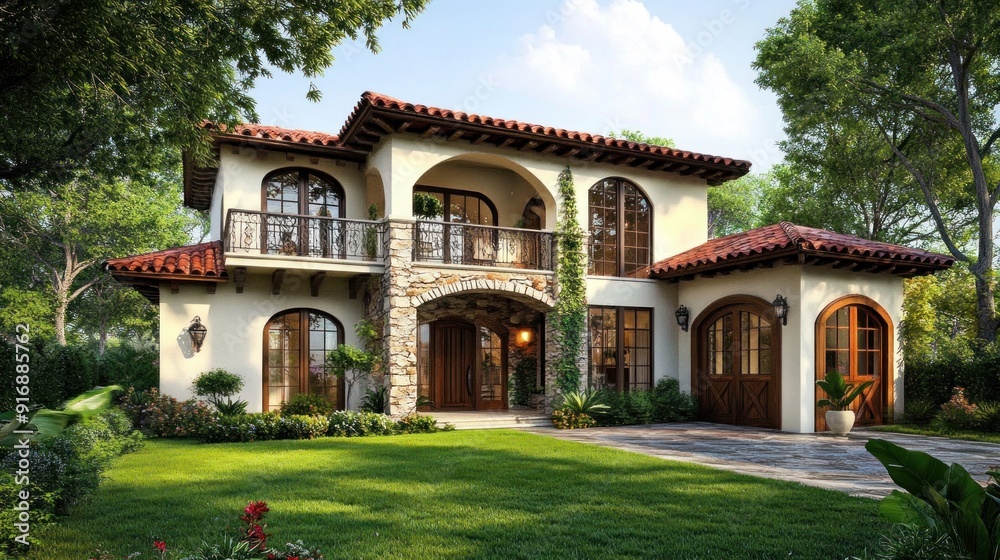 Mediterranean Style Home with Lush Greenery Mediterranean Style Home with Lush Greenery