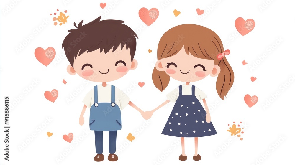 Smiling kawaii boy and girl holding hands, anime-style vector illustration, flat colors on white Smiling kawaii boy and girl holding hands, anime-style vector illustration, flat colors on white