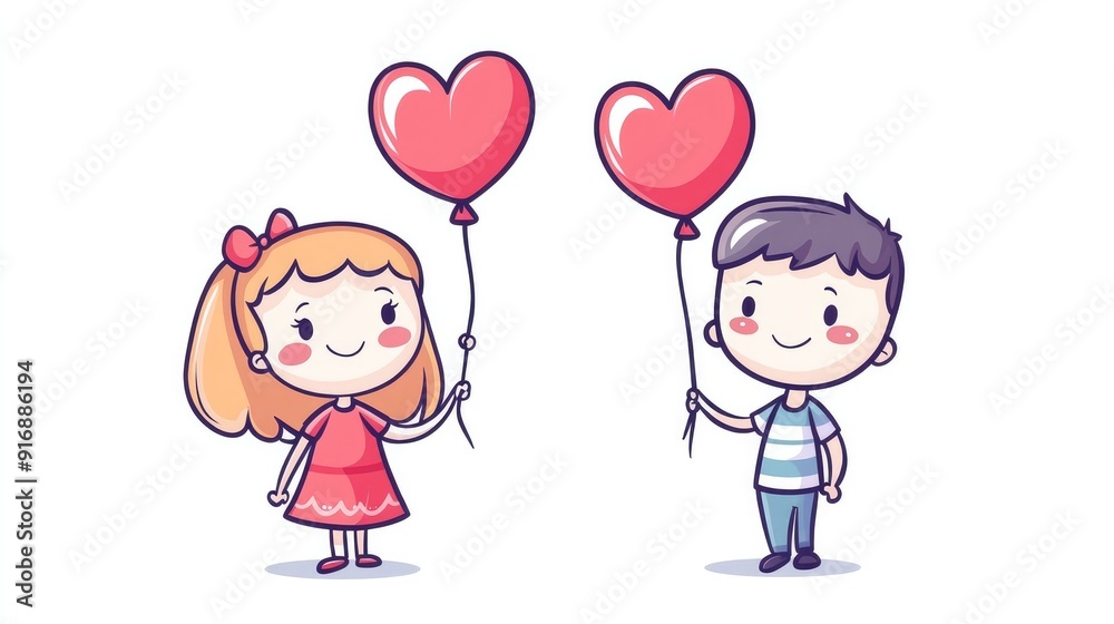 Smiling kawaii girl and boy with heart-shaped balloons, anime-style flat color vector art on white Smiling kawaii girl and boy with heart-shaped balloons, anime-style flat color vector art on white
