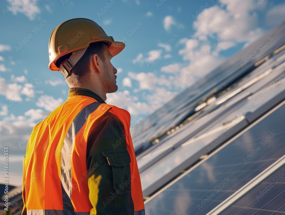 'Worker gazing at sunset by solar panels' 'Worker gazing at sunset by solar panels'
