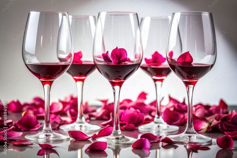Elegant arrangement of red wine glasses with pink flower petals scattered on a white background, perfect for wine tasting, winery, or bar scenes, with ample copy space. Elegant arrangement of red wine glasses with pink flower petals scattered on a white background, perfect for wine tasting, winery, or bar scenes, with ample copy space.