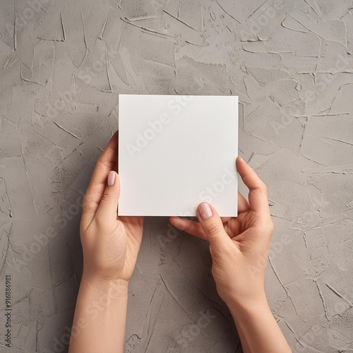 Hands of a young fair-skinned girl holding a square of white paper on a concrete gray background, postcard mockup in hands on a textured background