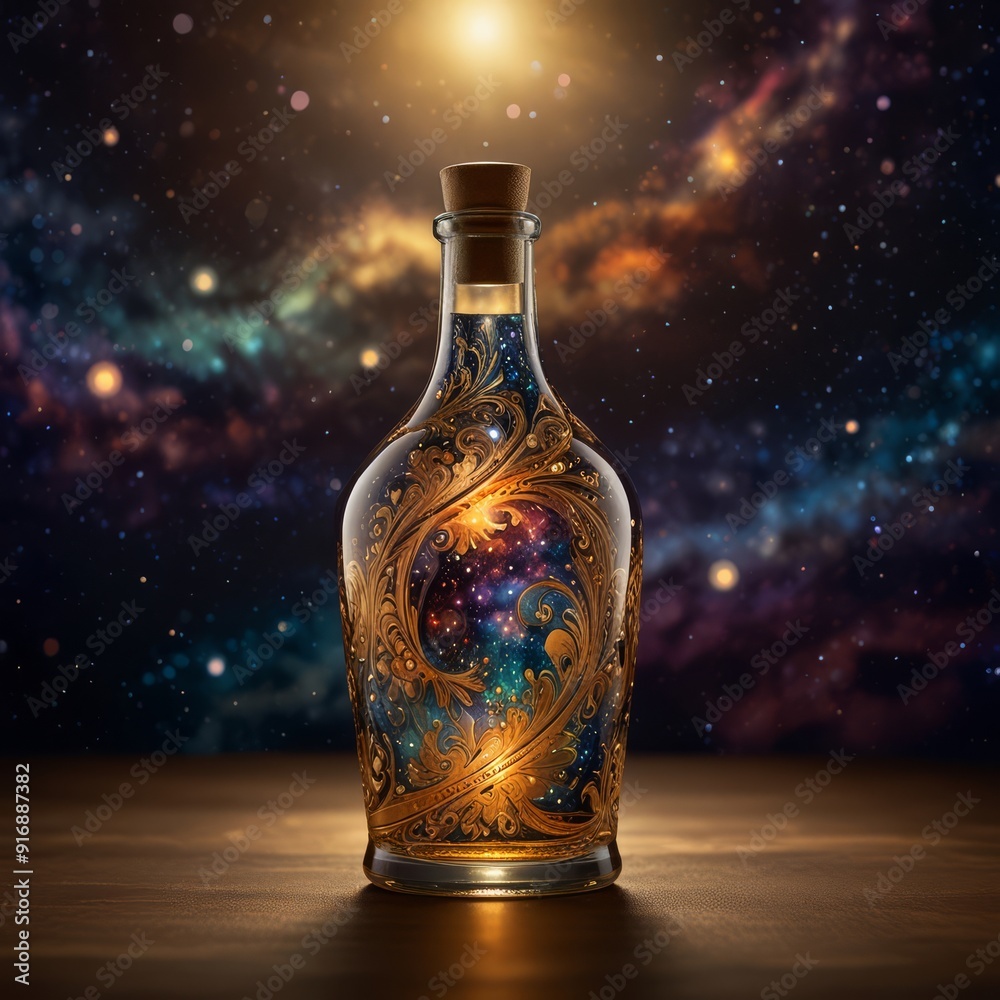ornate glass bottle with an intricate, swirling pattern etched onto its surface serves as a vessel for a vibrant, shimmering galaxy, complete with twinkling stars
ornate glass bottle with an intricate, swirling pattern etched onto its surface serves as a vessel for a vibrant, shimmering galaxy, complete with twinkling stars