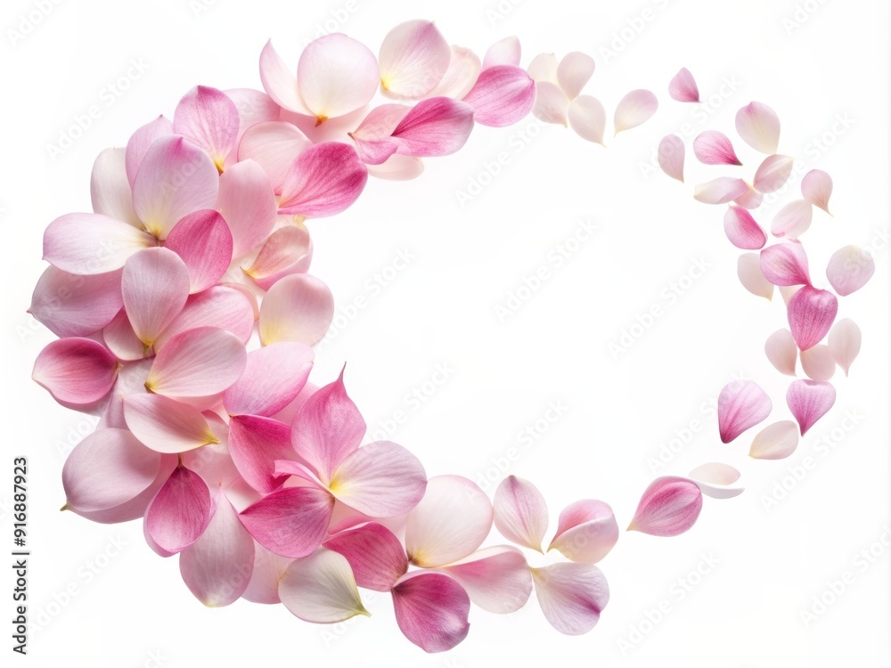 Delicate pink petals gently fall from a stunning flower, creating a beautiful, symmetrical arc against a crisp white background, exuding elegance and serenity. Delicate pink petals gently fall from a stunning flower, creating a beautiful, symmetrical arc against a crisp white background, exuding elegance and serenity.