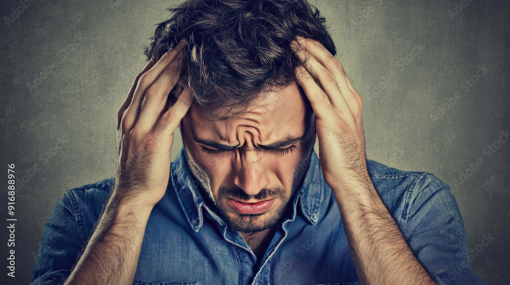 Man Holding His Head Due to Intense Headache or Stress Man Holding His Head Due to Intense Headache or Stress