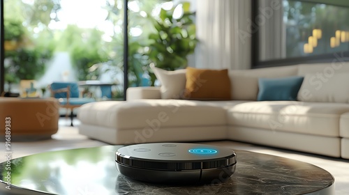 A modern robotic vacuum cleaner on a marble table, featuring a bright screen, set in a stylish living room with natural light.