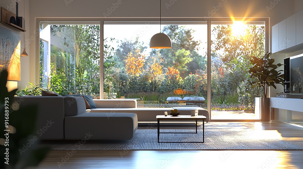 Fototapeta premium Bright and airy living room with modern design, showcasing a cozy couch and beautiful garden view through large windows.