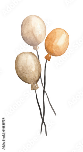 A watercolor illustration of three floating balloons in shades of orange and brown. These delightful balloons add a playful and festive touch to any design, making them perfect for children's themes