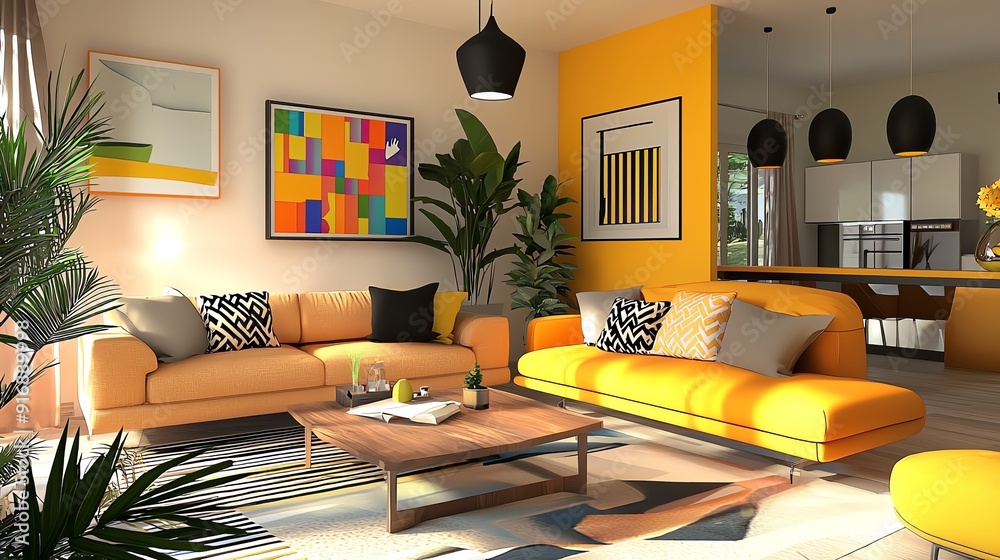 Bright and modern living room with orange furniture, plants, and colorful artwork, perfect for stylish interior design inspiration. Bright and modern living room with orange furniture, plants, and colorful artwork, perfect for stylish interior design inspiration.