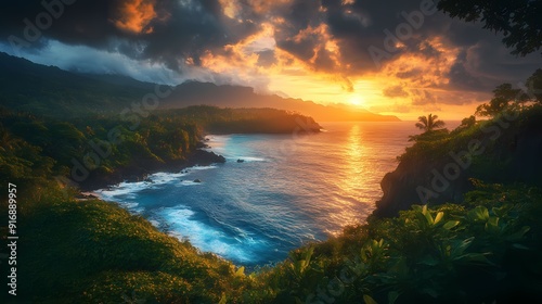 A breathtaking coastal landscape at sunset, featuring vibrant skies and lush greenery reflecting on tranquil waters.