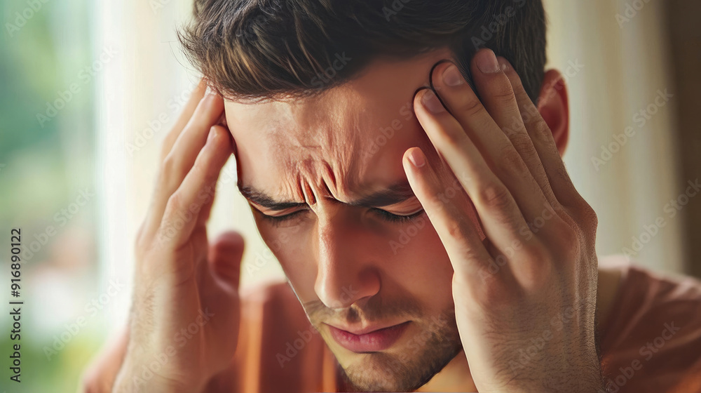 Fototapeta premium Man Holding His Head Due to Intense Headache or Stress