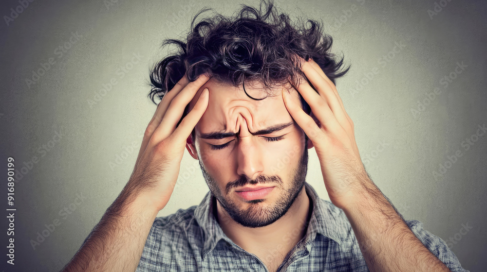 Man Holding His Head Due to Intense Headache or Stress Man Holding His Head Due to Intense Headache or Stress