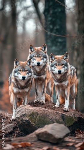 Wolves move cautiously across the snowy landscape, shrouded in fog, amidst towering conifers under a twilight sky