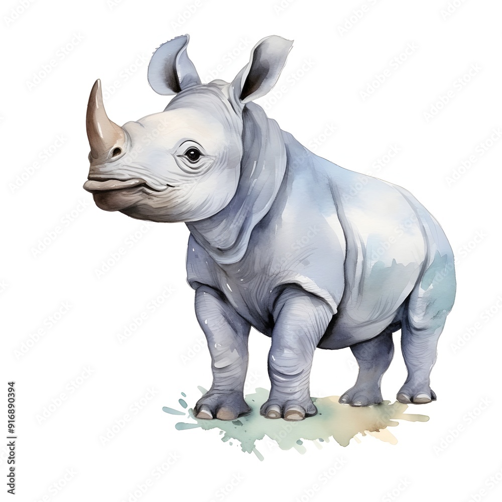 Cute Illustrated Baby Rhino with Bird Perched on Its Back