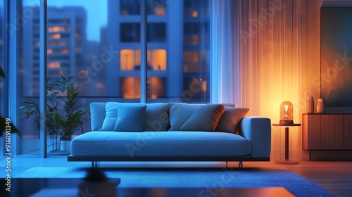 Cozy modern living room with a stylish sofa, warm lighting, and city view. Perfect for relaxation and contemporary decor inspiration.