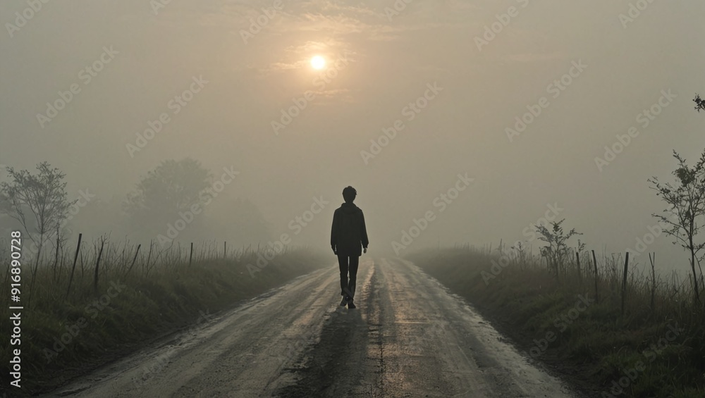 Obraz premium Lonely Figure in Foggy Country Road Anime Style