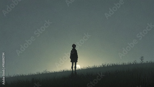 Lonely Silhouette in Foggy Anime Landscape