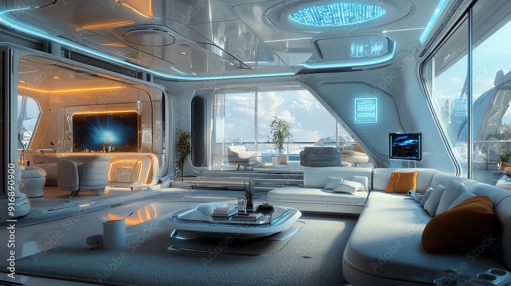 Futuristic interior design showcasing sleek lines, vibrant lighting, and modern furnishings in a luxury living space. Futuristic interior design showcasing sleek lines, vibrant lighting, and modern furnishings in a luxury living space.