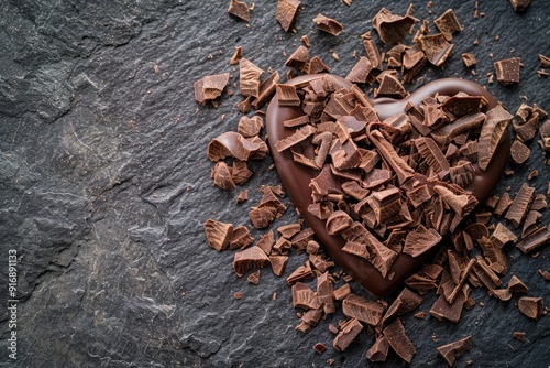 An artistic arrangement of chocolate shavings forming a heart shape on a dark slate surface photo