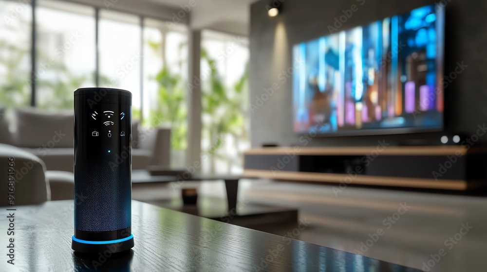 Modern living room featuring a smart speaker and a large television creating a cozy entertainment space. Modern living room featuring a smart speaker and a large television creating a cozy entertainment space.