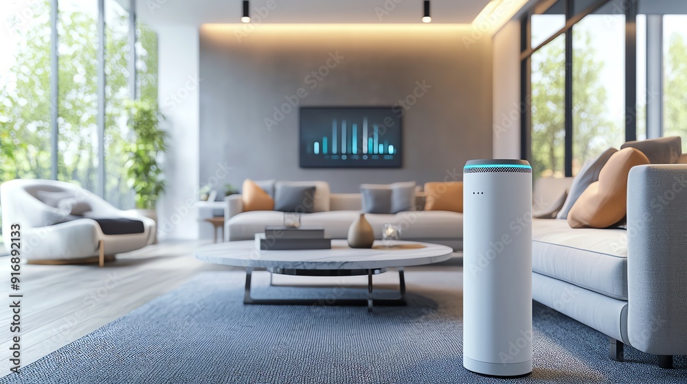 Modern living room featuring an air purifier, stylish furniture, and large windows for natural light and comfort. Modern living room featuring an air purifier, stylish furniture, and large windows for natural light and comfort.