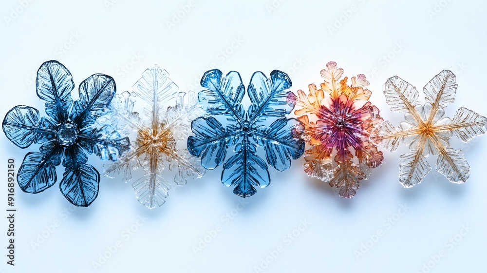 Fototapeta premium Macro Photo of Isolated Snowflakes on White Background, Real Snow Crystal Details - Generative AI