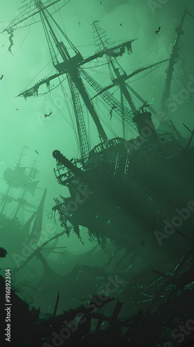 Haunted pirate shipwreck background illustration