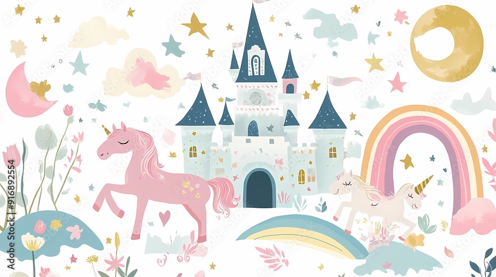 A whimsical illustration featuring a unicorn, castle, rainbow, and enchanting clouds. Perfect for children's themes and decor. A whimsical illustration featuring a unicorn, castle, rainbow, and enchanting clouds. Perfect for children's themes and decor.