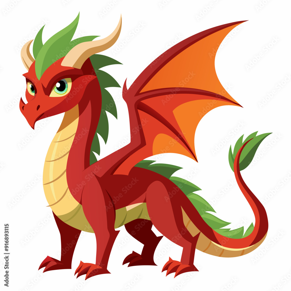 Cartoon Red Dragon with Green Spikes and Wings Cartoon Red Dragon with Green Spikes and Wings