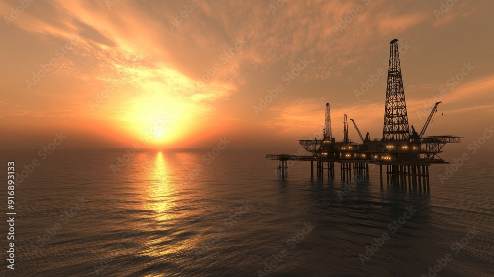 Obraz premium An oil rig stands tall in the ocean as the sun sets, casting beautiful colors across the sky and creating a striking silhouette against the tranquil waters