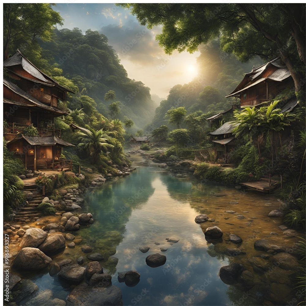 Waterfall view with trees in village atmosphere Waterfall view with trees in village atmosphere