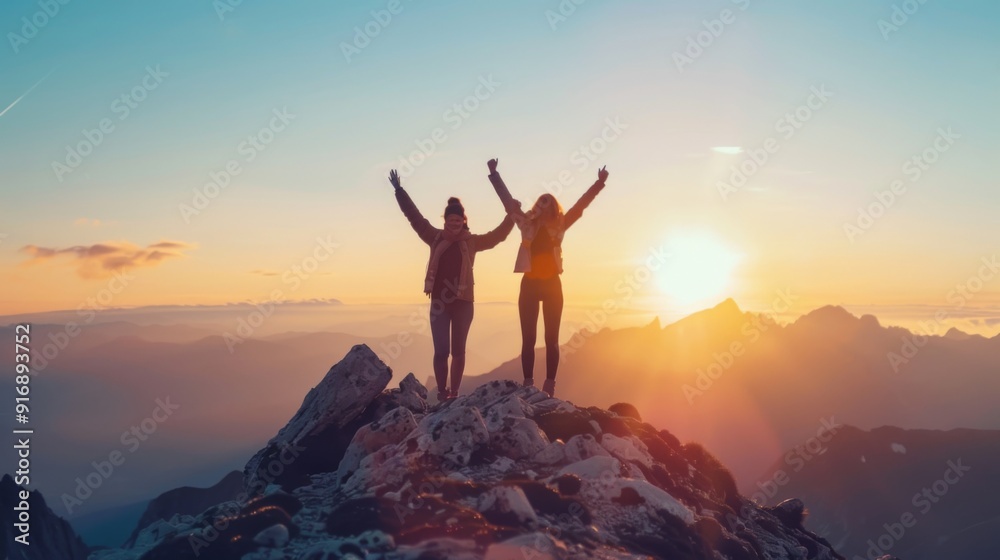 Couple celebrating success on mountain top by holding hands up in the air Couple celebrating success on mountain top by holding hands up in the air
