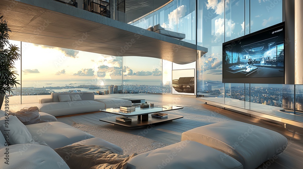 Fototapeta premium Modern living room with panoramic view, stylish furniture, and sleek design offering comfort and elegance.