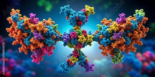 Microscopic illustration of antibody immunoglobulin, a Y-shaped protein produced by plasma cells, showcasing its complex structure and molecular binding sites in vibrant colors. photo