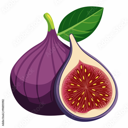 Whole and Halved Fig with Leaf
