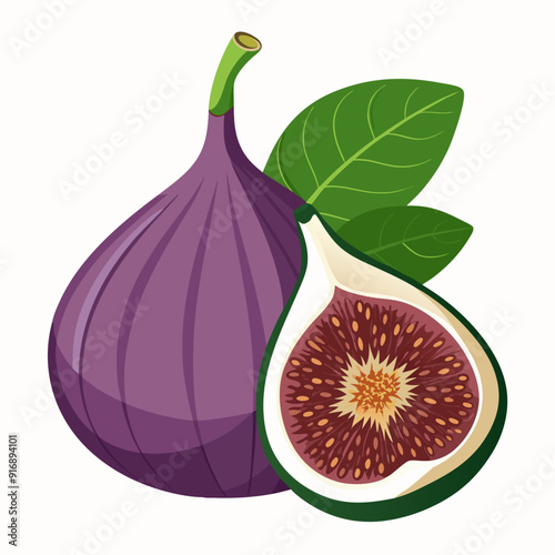 Whole and Sliced Fig with Green Leaves