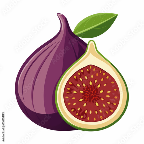 Whole and Half Fig with Green Leaf