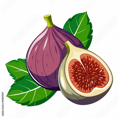 Whole and Sliced Figs with Green Leaves