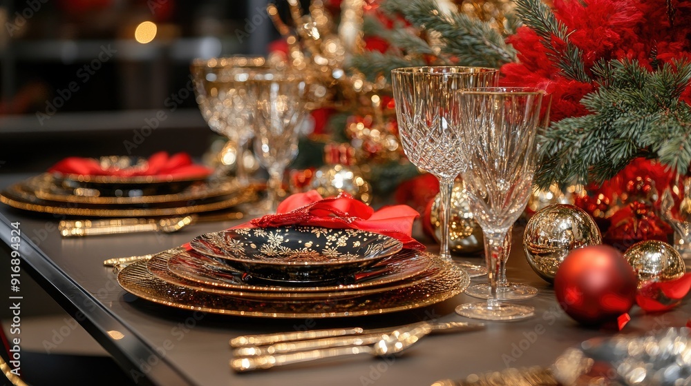 Elegant Christmas Table Setting with Red Decorations and Crystal Glassware