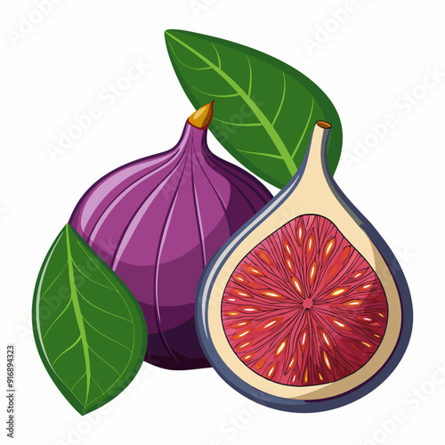A Whole Fig and a Sliced Half with Green Leaves