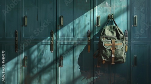 A backpack hanging on a locker.